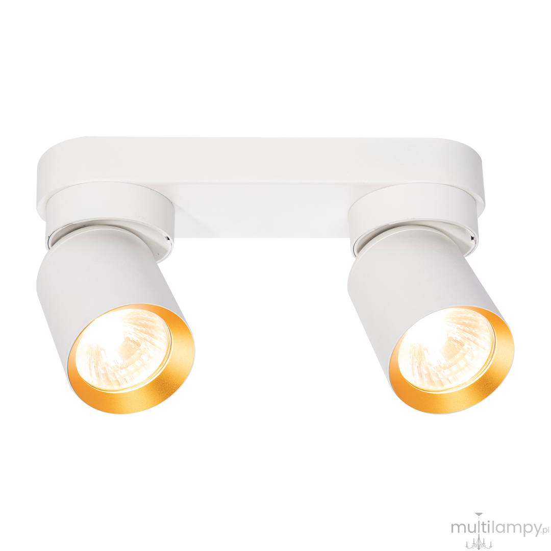 Lampa sufitowa Andy z dwoma punktami świetlnymi, biała z złotymi akcentami. Główna konstrukcja ma prosty kształt, z okrągłymi kloszami skierowanymi w różne strony, zamontowana na płaskim stelażu. Idealna do nowoczesnych wnętrz.