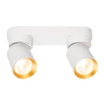 Lampa sufitowa Andy z dwoma punktami świetlnymi, biała z złotymi akcentami. Główna konstrukcja ma prosty kształt, z okrągłymi kloszami skierowanymi w różne strony, zamontowana na płaskim stelażu. Idealna do nowoczesnych wnętrz.