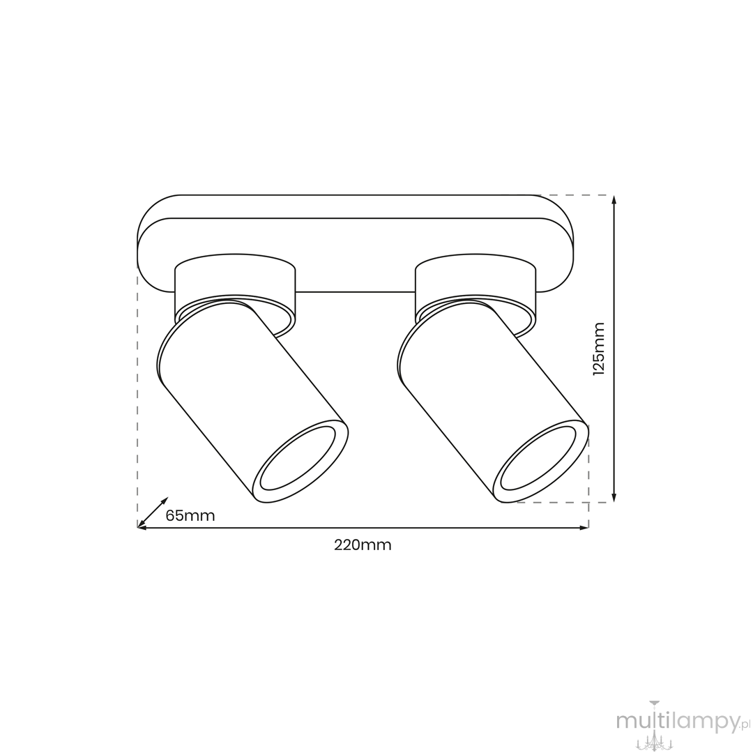 Lampa sufitowa Andy w kolorze białym z złotymi akcentami, z dwoma ruchomymi reflektorami na prostokątnej podstawie. Wymiary: 220 mm długości, 125 mm wysokości, 65 mm szerokości. Przeznaczona do dwóch żarówek GU10.