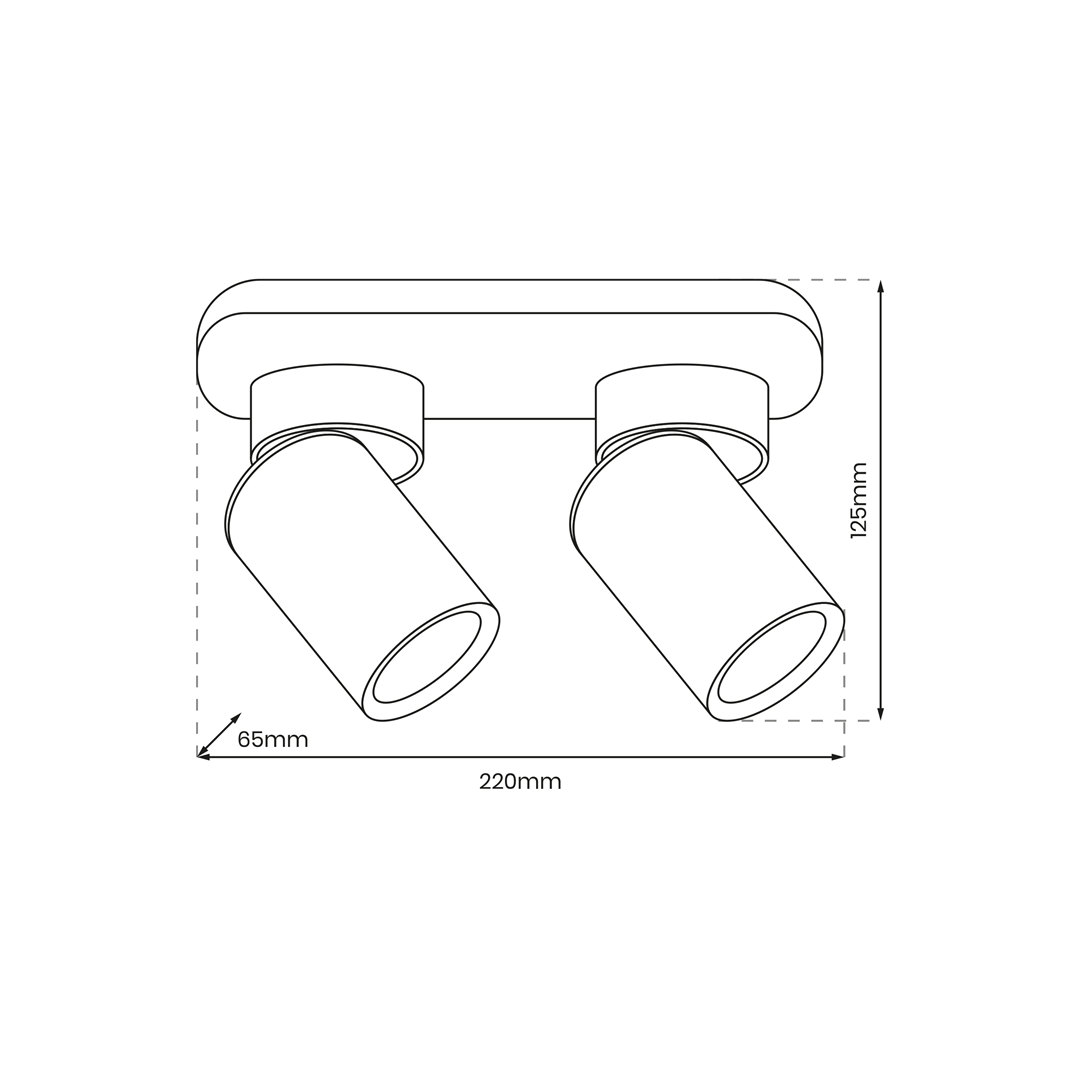 Lampa sufitowa Andy w kolorze czarnym i złotym, z dwoma reflektorami GU10. Ułożona poziomo, z widocznymi wymiarami: 220 mm szerokości, 125 mm wysokości i 65 mm głębokości. Prosty design, idealna do nowoczesnych wnętrz.
