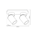 Lampa sufitowa Andy w kolorze czarnym i złotym, z dwoma reflektorami GU10. Ułożona poziomo, z widocznymi wymiarami: 220 mm szerokości, 125 mm wysokości i 65 mm głębokości. Prosty design, idealna do nowoczesnych wnętrz.