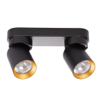 Lampa sufitowa Andy w kolorze czarnym z dwoma reflektorami GU10. Reflektory mają złote wnętrza, a całość zamontowana jest na prostokątnej podstawie. Produkt ukazany w widoku frontalnym, z lekko widocznymi detalami konstrukcyjnymi.