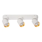 Lampa sufitowa Andy z trzema spotami, biała z złotymi akcentami. Ułożona poziomo, z cylindrycznymi kloszami, które kierują światło w dół. Metalowa konstrukcja, minimalistyczny design, idealna do nowoczesnych wnętrz. Wymiary i detale montażowe niewidoczne.