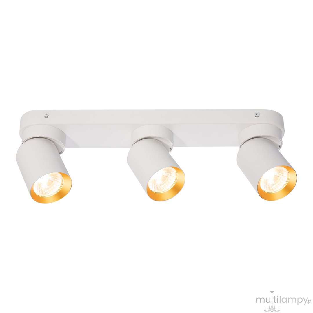Lampa sufitowa Andy z trzema reflektorami GU10 w białej obudowie z złotymi wnętrzami. Ujęcie frontalne, montowana na suficie, z widocznymi detalami kloszy i uchwytów. Prosta, elegancka forma idealna do nowoczesnych wnętrz.