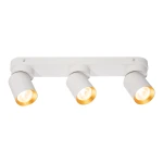 Lampa sufitowa Andy z trzema reflektorami GU10 w białej obudowie z złotymi wnętrzami. Ujęcie frontalne, montowana na suficie, z widocznymi detalami kloszy i uchwytów. Prosta, elegancka forma idealna do nowoczesnych wnętrz.