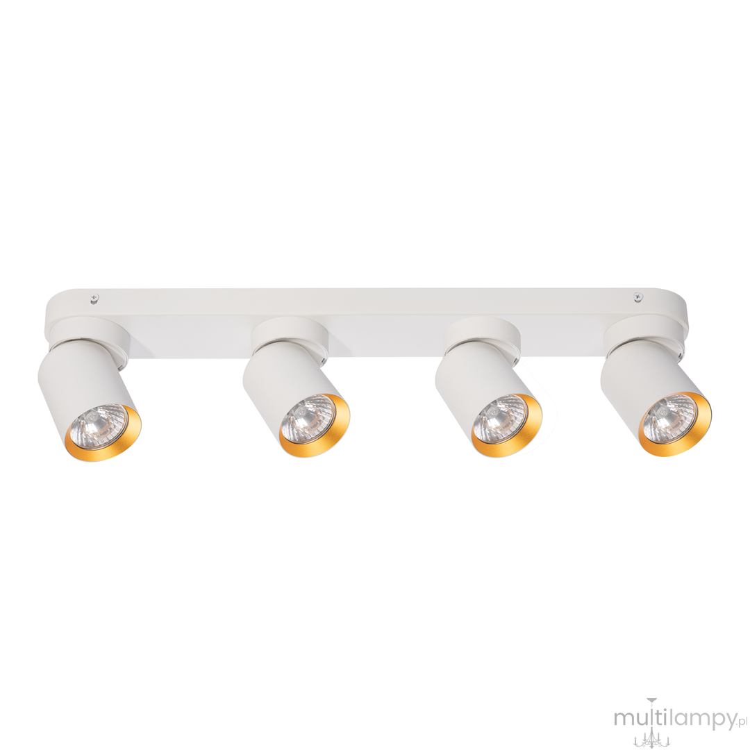 Lampa sufitowa Andy z czterema reflektorami GU10, z białym korpusem i złotymi wnętrzami. Ujęcie frontalne, pokazujące lampę zamontowaną na prostokątnej podstawie. Idealna do nowoczesnych wnętrz.