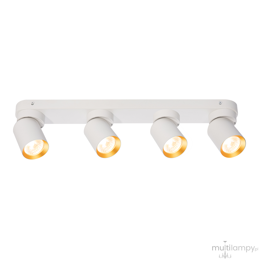 Lampa sufitowa Andy z czterema reflektorami GU10 w kolorze białym z złotymi wnętrzami. Ułożona na prostokątnej podstawie, z lekko zaokrąglonymi kloszami skierowanymi w dół, idealna do oświetlenia wnętrz.