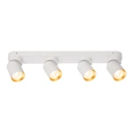 Lampa sufitowa Andy z czterema reflektorami GU10 w kolorze białym z złotymi wnętrzami. Ułożona na prostokątnej podstawie, z lekko zaokrąglonymi kloszami skierowanymi w dół, idealna do oświetlenia wnętrz.
