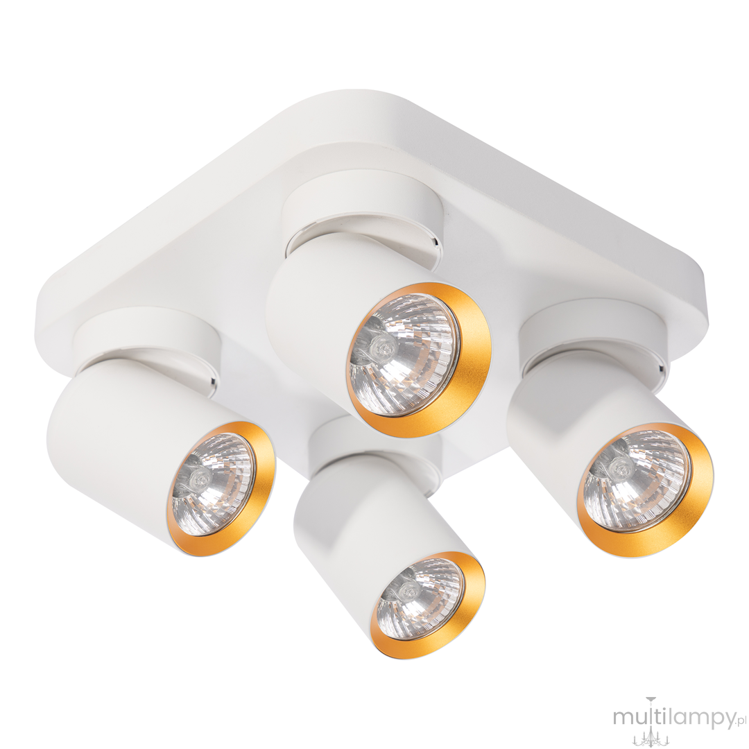 Lampa sufitowa Andy z czterema reflektorami GU10, w kolorze białym z złotymi detalami. Ułożona w formie kwadratowej, z każdym reflektorem skierowanym w inną stronę, idealna do nowoczesnych wnętrz.