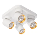 Lampa sufitowa Andy z czterema reflektorami GU10, w kolorze białym z złotymi detalami. Ułożona w formie kwadratowej, z każdym reflektorem skierowanym w inną stronę, idealna do nowoczesnych wnętrz.