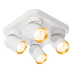 Lampa sufitowa Andy z czterema spotami w białym kolorze, z metalowymi złotymi obręczami wokół źródeł światła. Produkt montowany na suficie, z widocznymi detalami, w tym gładką powierzchnią i minimalistycznym designem.