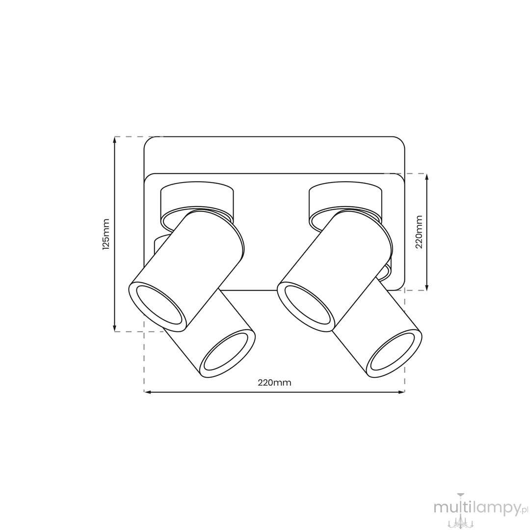 Lampa sufitowa Andy w kolorze czarnym i złotym, z 4 reflektorami GU10. Prosta, kwadratowa podstawa o wymiarach 220x220 mm i wysokości 125 mm. Reflektory ustawione pod kątem, umożliwiające regulację kierunku światła.