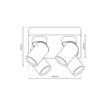 Lampa sufitowa Andy w kolorze czarnym i złotym, z 4 reflektorami GU10. Prosta, kwadratowa podstawa o wymiarach 220x220 mm i wysokości 125 mm. Reflektory ustawione pod kątem, umożliwiające regulację kierunku światła.