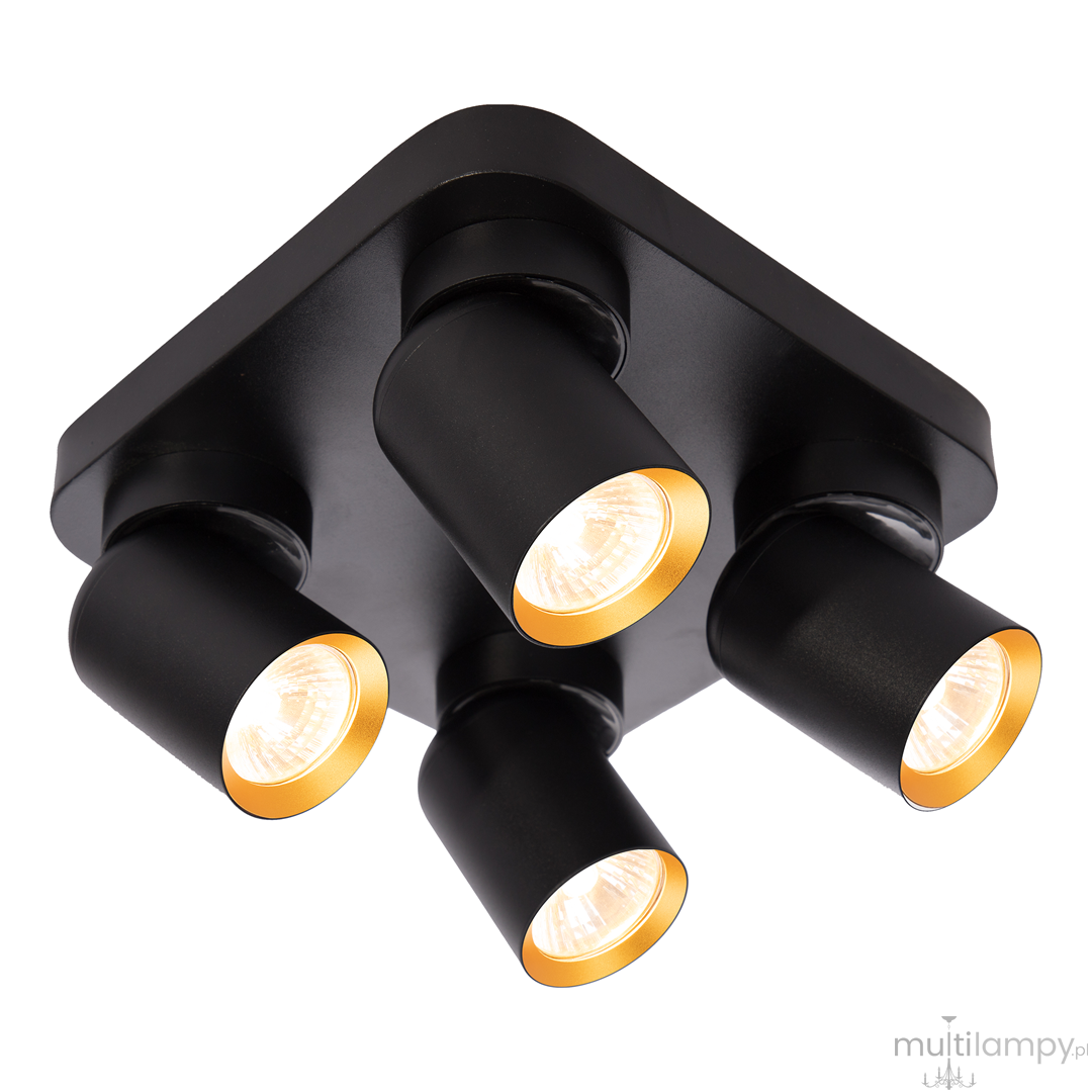 Czarna lampa sufitowa Andy z czterema reflektorami GU10, o okrągłych głowicach z wewnętrzną złotą powłoką. Produkt zamontowany na prostokątnej podstawie, widoczny z boku. Idealny do nowoczesnych wnętrz.