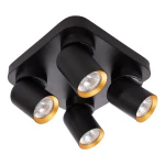Lampa sufitowa Andy z czterema reflektorami, w kolorze czarnym z złotymi detalami. Ujęcie z dołu, pokazujące okrągłe klosze o metalicznym wykończeniu. Idealna do nowoczesnych wnętrz, montowana na suficie.