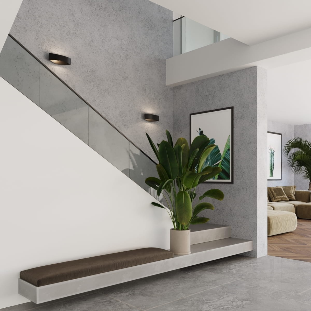 Kinkiet Toni 1xG9 w kolorze czarnym, zamontowany na ścianie przy schodach. Prosty, nowoczesny design, emitujący subtelne światło. W tle widoczna roślina w doniczce oraz elementy aranżacji wnętrza.