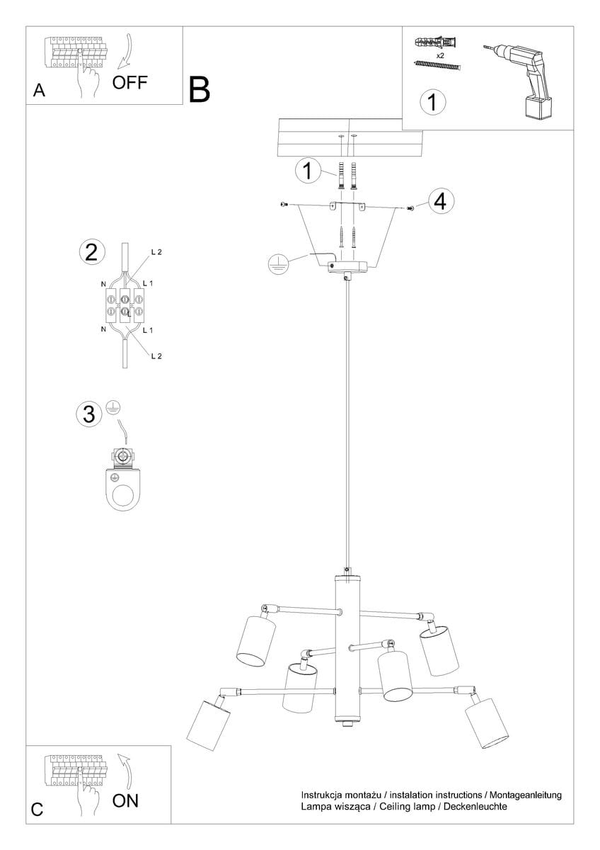 Czarna lampa wisząca Lemmi z sześcioma ramionami, przeznaczona na żarówki GU10. Posiada prostą, cylindryczną podstawę i metalowe klosze. Ujęcie z góry, ukazujące całą strukturę lampy w pozycji rozłożonej.
