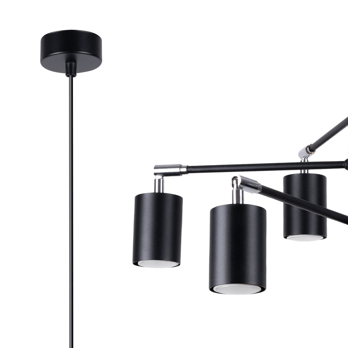 Lemmi lampa wisząca w kolorze czarnym z sześcioma oprawkami GU10. Posiada cylindryczne klosze z matowego metalu, zawieszona na smukłym, czarnym przewodzie. Elegancki design z chromowanymi detalami, idealna do nowoczesnych wnętrz.