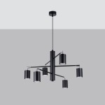 Lemmi lampa wisząca 6xGU10 w kolorze czarnym, z sześcioma cylindrycznymi kloszami na cienkich ramionach. Produkt wisi na smukłym przewodzie, z metalowym uchwytem mocującym. Tło w odcieniu szarości, podkreślające nowoczesny design.