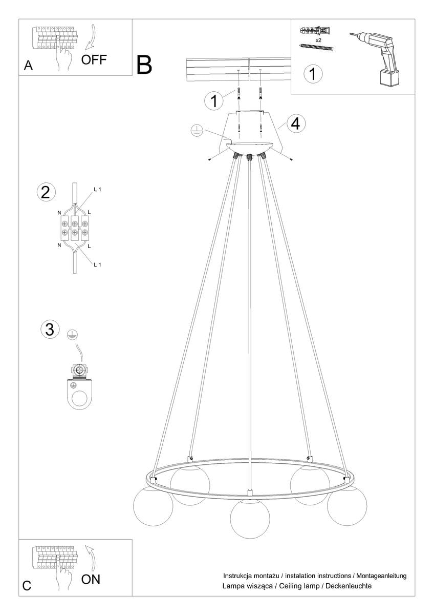 Lampa wisząca Yoli 5xG9 w kolorze czarnym z okrągłą podstawą. Posiada pięć szklanych kul w kształcie globu, zawieszonych na cienkich linkach. Ujęcie z boku, prezentujące strukturę i rozmieszczenie elementów.