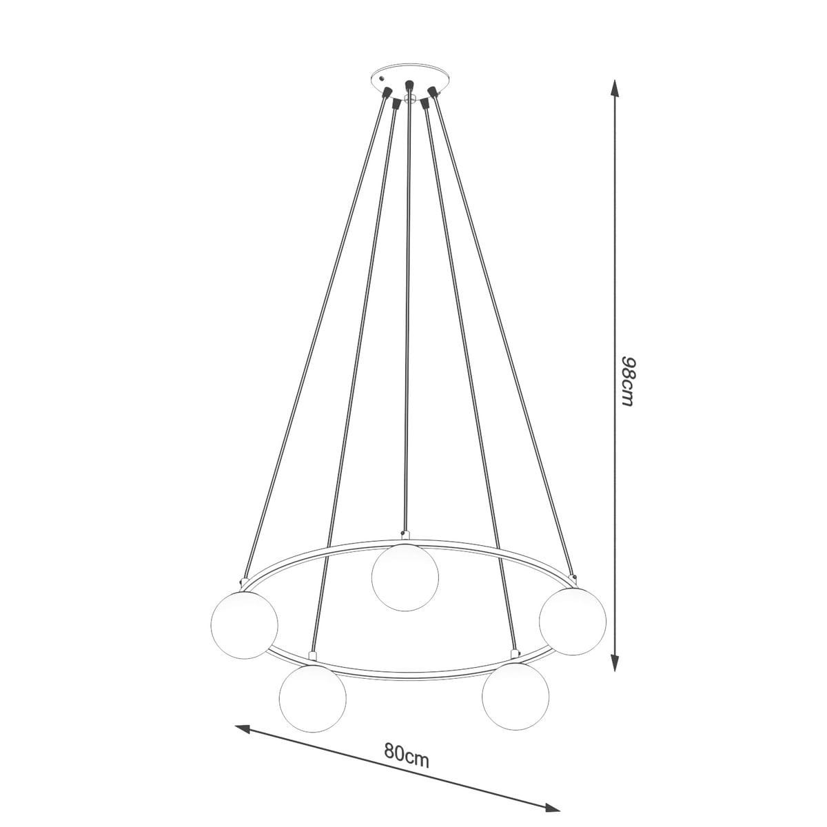 Lampa wisząca Yoli w kolorze czarnym, z pięcioma oprawami G9. Okrągły kształt, zawieszona na długich linkach, wymiary: 80 cm średnicy, 98 cm wysokości. Prosta konstrukcja z szklanymi kulami.