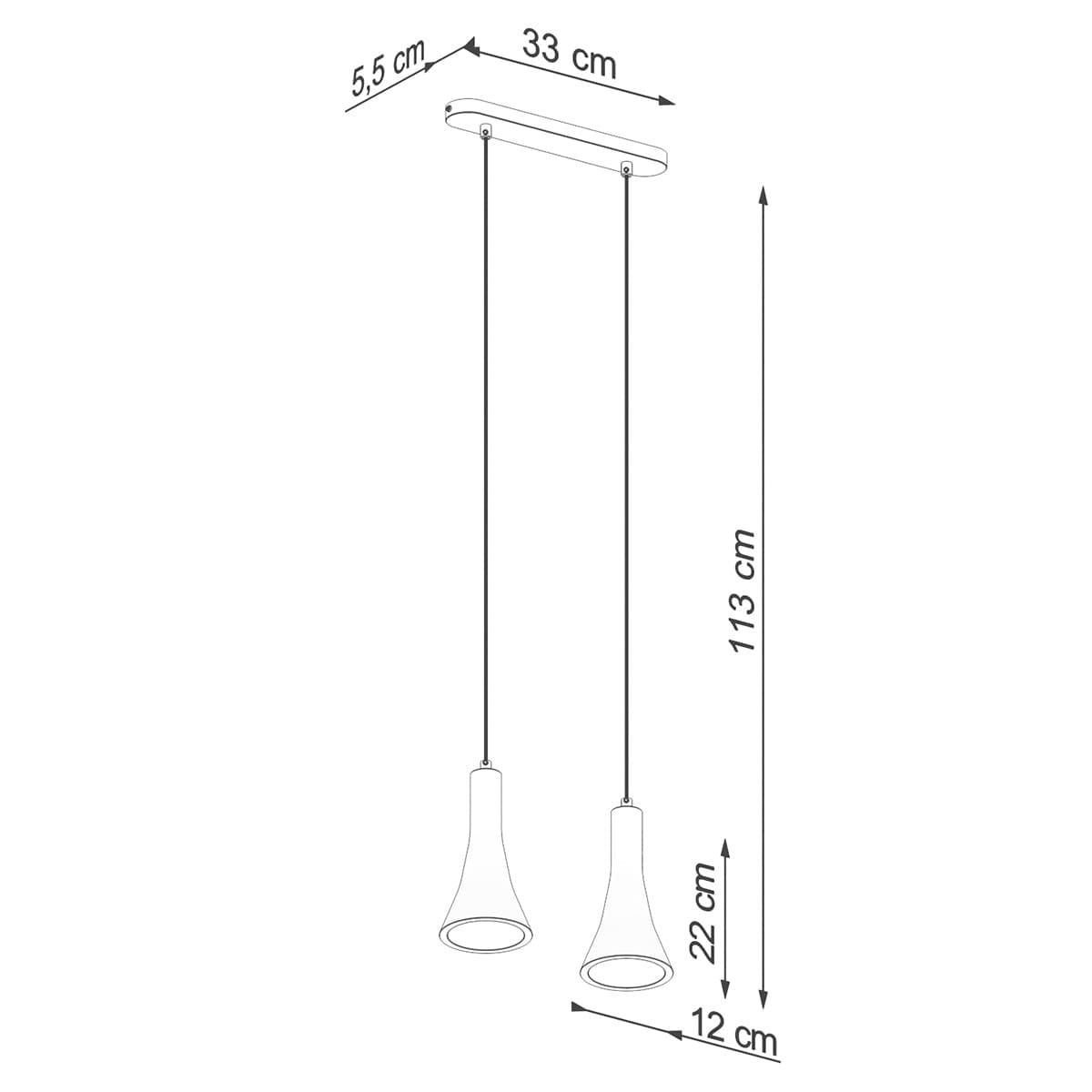 Lampa wisząca Rea w kolorze czarnym i betonowym, z dwoma kloszami o wysokości 22 cm i średnicy 12 cm. Zamontowana na prostokątnej podstawie o wymiarach 33 x 5,5 cm, zawieszona na linkach, wysokość całkowita 113 cm.
