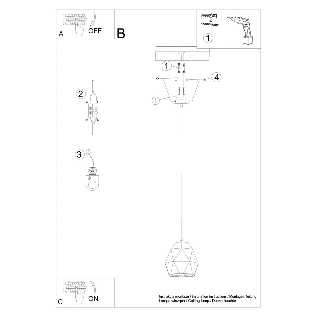 Instrukcja montażu lampy wiszącej Mint 1xE27 w kolorze białym. Przedstawia schemat instalacji z elementami montażowymi, w tym oprawą w kształcie diamentu oraz przewodami elektrycznymi. Wskazówki dotyczące podłączenia włącznika i zasilania.