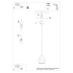 Instrukcja montażu lampy wiszącej Mint 1xE27 w kolorze białym. Przedstawia schemat instalacji z elementami montażowymi, w tym oprawą w kształcie diamentu oraz przewodami elektrycznymi. Wskazówki dotyczące podłączenia włącznika i zasilania.