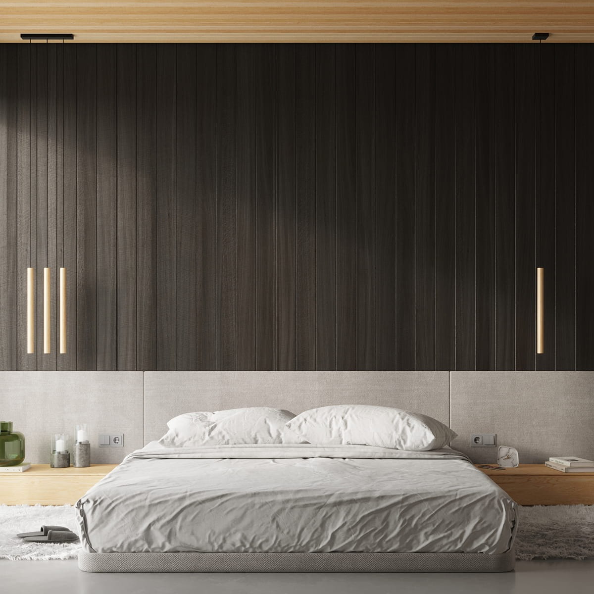 Lampa wisząca Pastelo 1xG9 w kolorze czarnym z elementami drewnianymi, zawieszona w sypialni. Prosty, nowoczesny design, idealna do aranżacji wnętrz. Widoczna w kontekście minimalistycznego wystroju z łóżkiem i drewnianą szafką nocną.