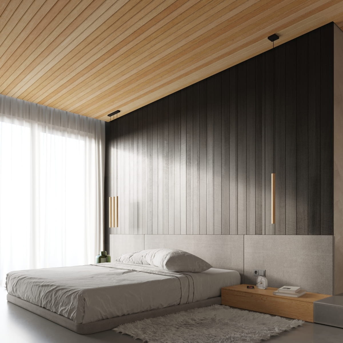 Lampa wisząca Pastelo 3xG9 w kolorze czarnym z drewnianymi akcentami, zawieszona w nowoczesnej sypialni. Widok z góry na sufit z drewnianymi panelami i ścianę z ciemnymi, pionowymi deskami.