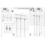 Instrukcja montażu lampy wiszącej Pastelo 3xG9 w kolorze czarnym z drewnianymi elementami. Zawiera kroki instalacji, schematy podłączenia oraz informacje o ustawieniu lampy. Wskazówki dotyczące użycia narzędzi i włączania.