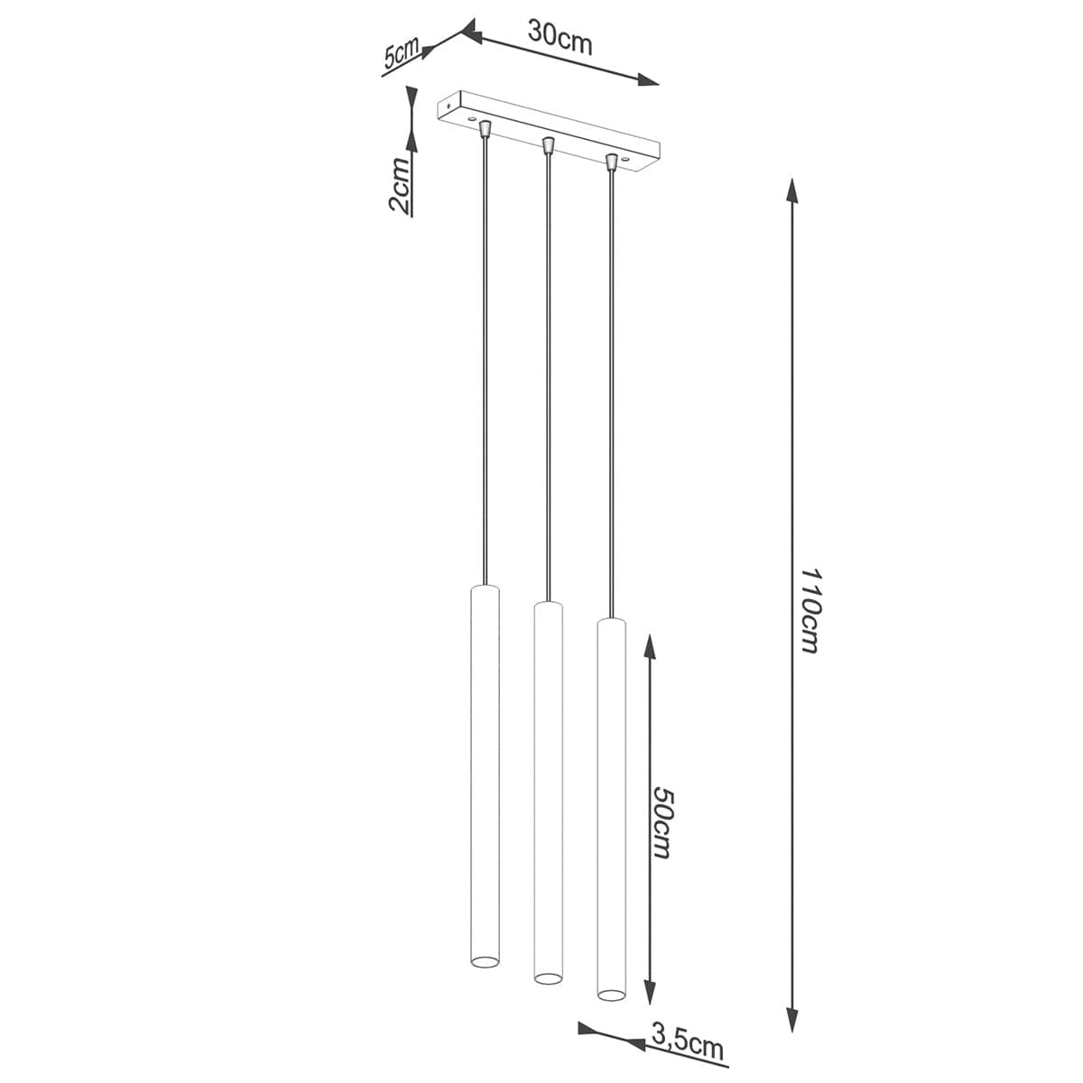 Lampa wisząca Pastelo 3xG9 w kolorze czarnym z drewnianymi detalami. Ma trzy cylindryczne klosze o średnicy 3,5 cm, zawieszone na cienkich linkach. Całkowita wysokość wynosi 110 cm, szerokość 30 cm, a długość linki 50 cm.