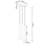 Lampa wisząca Pastelo 3xG9 w kolorze czarnym z drewnianymi detalami. Ma trzy cylindryczne klosze o średnicy 3,5 cm, zawieszone na cienkich linkach. Całkowita wysokość wynosi 110 cm, szerokość 30 cm, a długość linki 50 cm.
