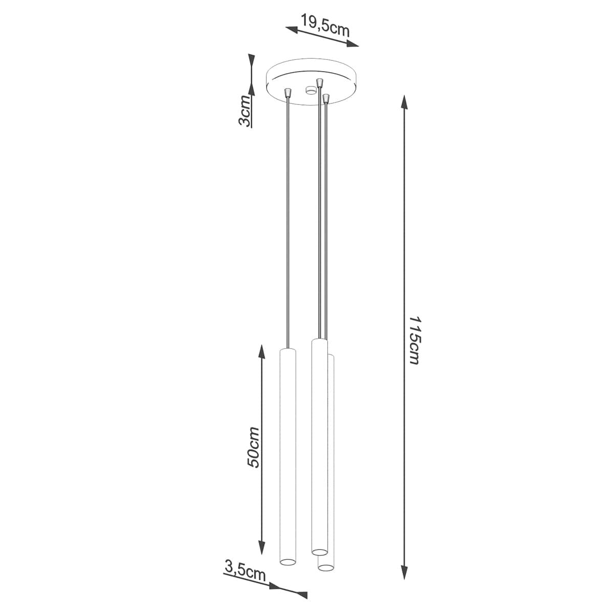 Lampa wisząca Pastelo 3xG9 w kolorze czarnym z drewnianymi detalami, zawieszona na dwóch cienkich linkach. Wymiary: wysokość 115 cm, średnica sufitu 19,5 cm, długość elementów 50 cm, szerokość 3,5 cm. Prosty, nowoczesny design.