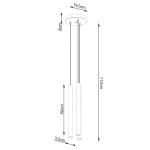 Lampa wisząca Pastelo 3xG9 w kolorze czarnym z drewnianymi detalami, zawieszona na dwóch cienkich linkach. Wymiary: wysokość 115 cm, średnica sufitu 19,5 cm, długość elementów 50 cm, szerokość 3,5 cm. Prosty, nowoczesny design.