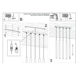 Lampa wisząca Pastelo, czarna z drewnianymi akcentami, wyposażona w pięć opraw na żarówki G9. Ujęcie z przodu, z widokiem na instalację oraz elementy montażowe. W komplecie instrukcja montażu, pokazująca sposób zawieszenia lampy.