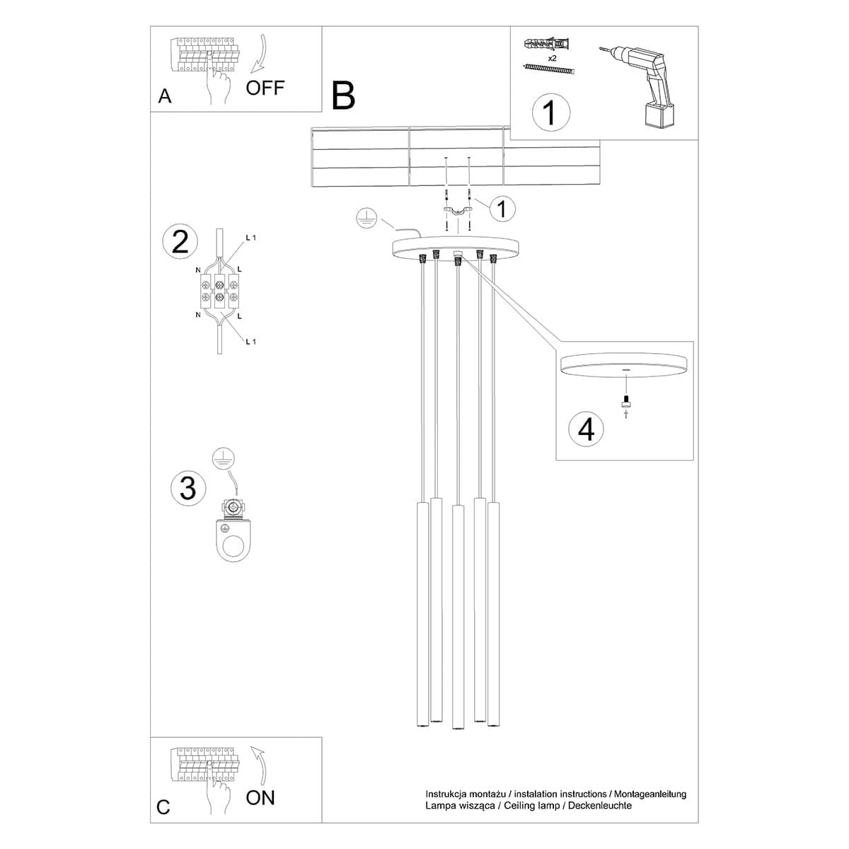 Lampa wisząca Pastelo, czarna z drewnianymi detalami, z pięcioma miejscami na żarówki G9. Ujęcie z góry, ukazujące konstrukcję i mocowania. Prosta instrukcja montażu na białym tle.