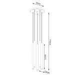 Lampa wisząca Pastelo 5xG9 w kolorze czarnym z drewnianymi detalami. Posiada okrągły sufitowy uchwyt o średnicy 25 cm, z pięcioma zwisającymi, cylindrycznymi kloszami długości 50 cm, zawieszonymi na cienkich drutach. Całkowita wysokość 110 cm.