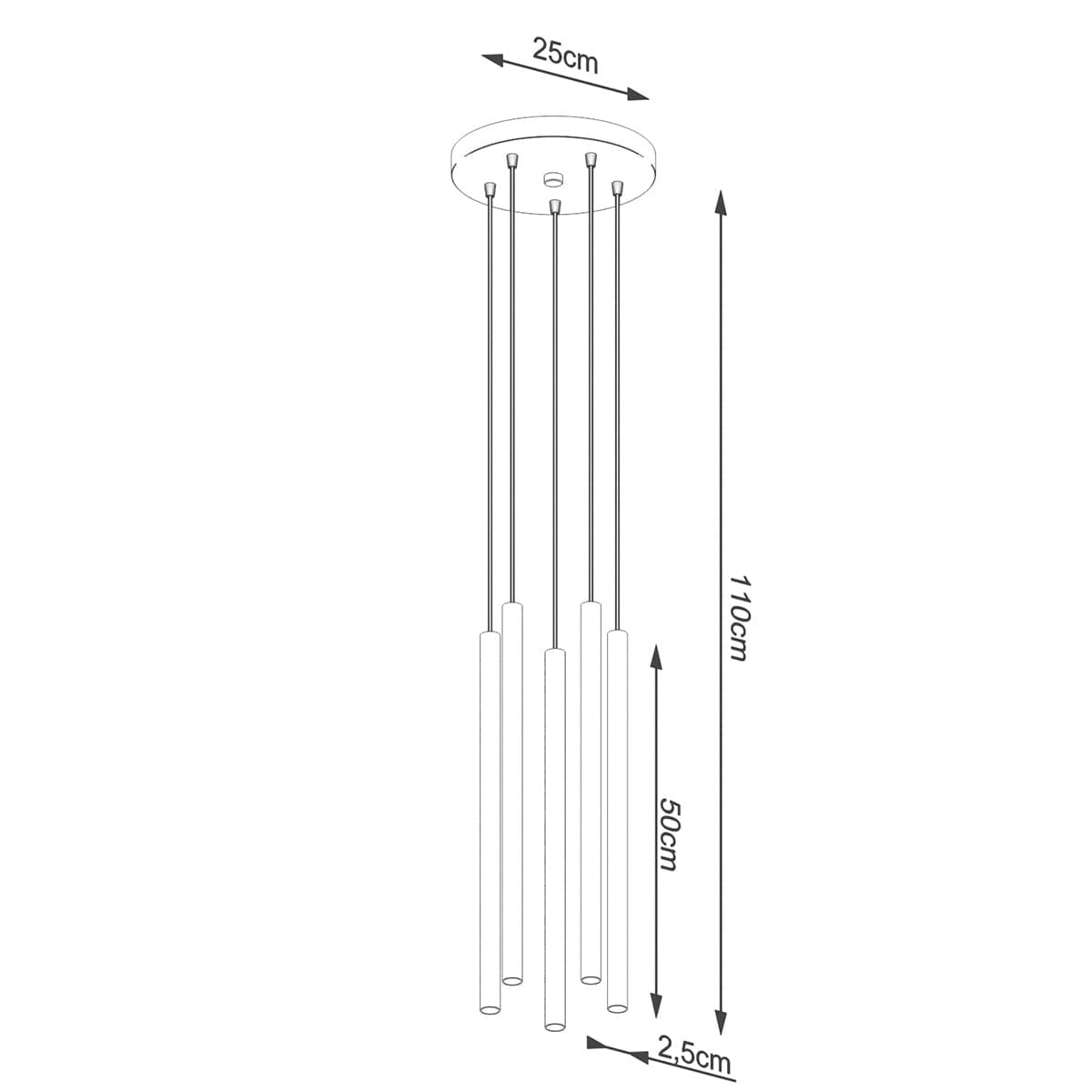 Lampa wisząca Pastelo 5xG9 w kolorze białym. Posiada okrągły sufitowy klosz o średnicy 25 cm oraz pięć wiszących cylindrów o wysokości 50 cm. Długość całkowita wynosi 110 cm, a średnica cylindrów to 2,5 cm.