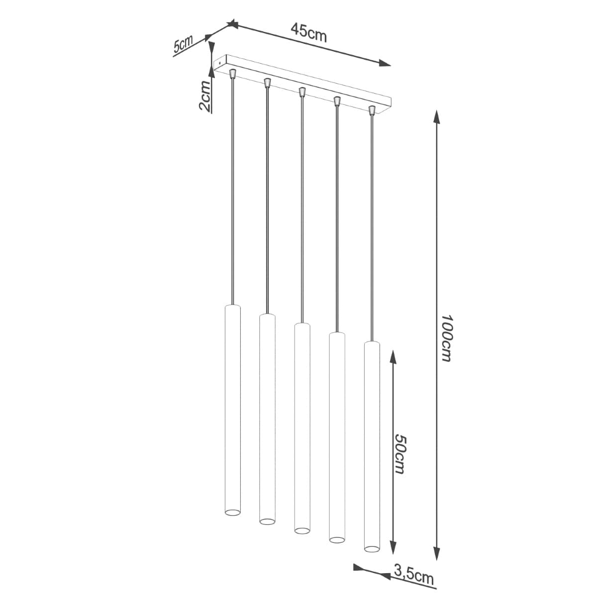 Lampa wisząca Pastelo 5xG9 w kolorze czarnym z betonowym wykończeniem. Składa się z pięciu cylindrycznych kloszy zawieszonych na cienkich linkach. Wymiary: długość 100 cm, szerokość 45 cm, grubość 5 cm. Idealna do nowoczesnych wnętrz.