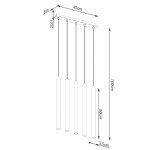 Lampa wisząca Pastelo 5xG9 w kolorze czarnym z betonowym wykończeniem. Składa się z pięciu cylindrycznych kloszy zawieszonych na cienkich linkach. Wymiary: długość 100 cm, szerokość 45 cm, grubość 5 cm. Idealna do nowoczesnych wnętrz.