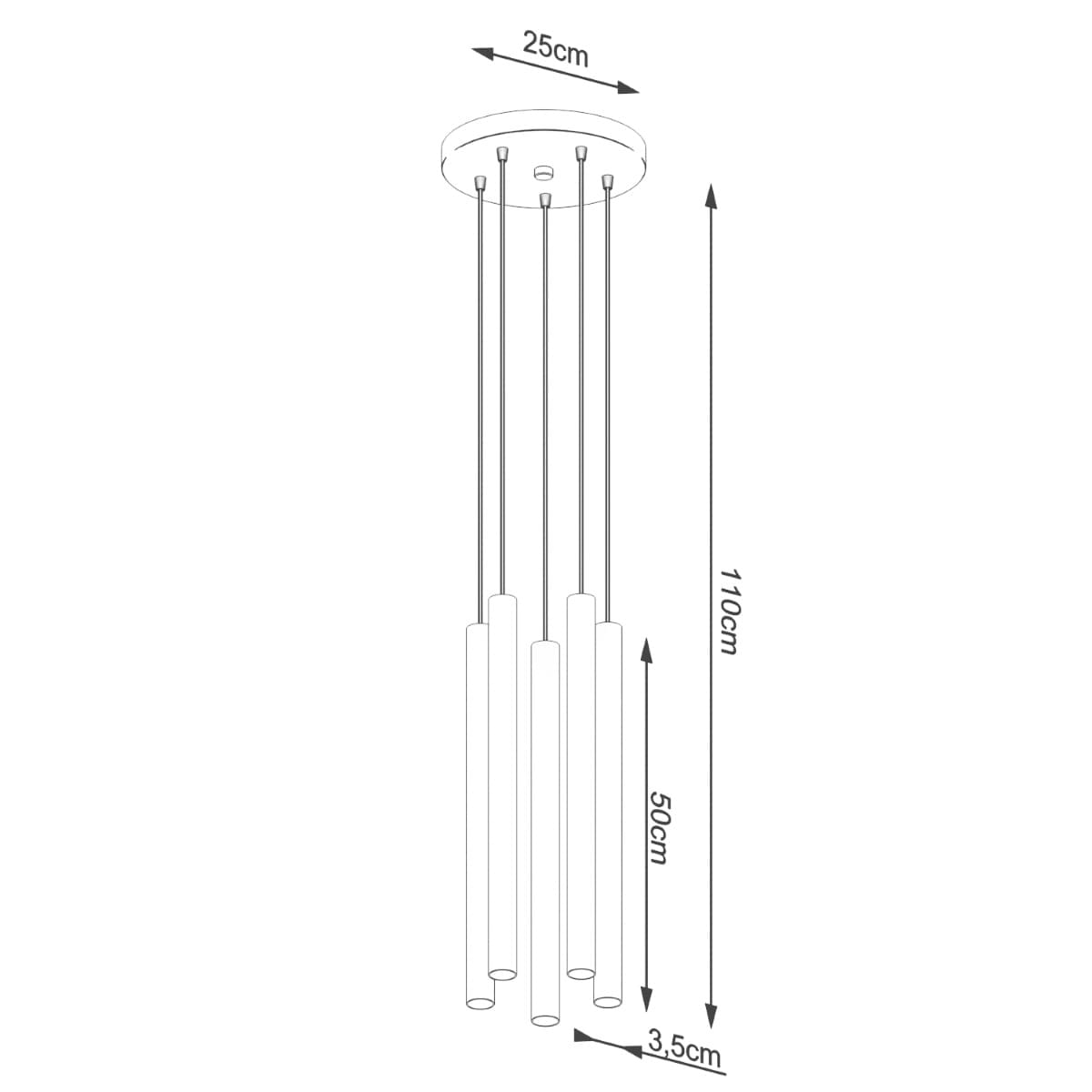 Lampa wisząca Pastelo w kolorze czarnym i betonowym, z pięcioma oprawami na żarówki G9. Wymiary: średnica 25 cm, wysokość 110 cm, długość zwisów 50 cm, średnica pojedynczego zwisu 3,5 cm. Prosty, nowoczesny design.