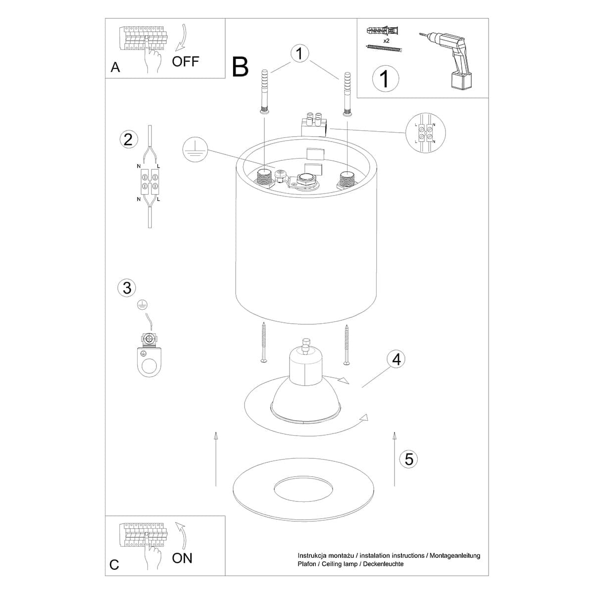 Lampa sufitowa Mika 1xGU10 w złotym kolorze, okrągła, z metalowego materiału. Widok z góry, z widocznymi elementami montażowymi oraz oznaczeniami instrukcji. W zestawie podstawowe akcesoria do montażu.