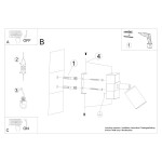 Kinkiet Zuca z jedną oprawą E27, w kolorze czarnym z jasnym drewnem. Ujęcie z boku przedstawia elementy montażowe oraz instrukcję instalacji. Produkt ma prostą, nowoczesną formę, idealny do różnych wnętrz, na jasnym tle.