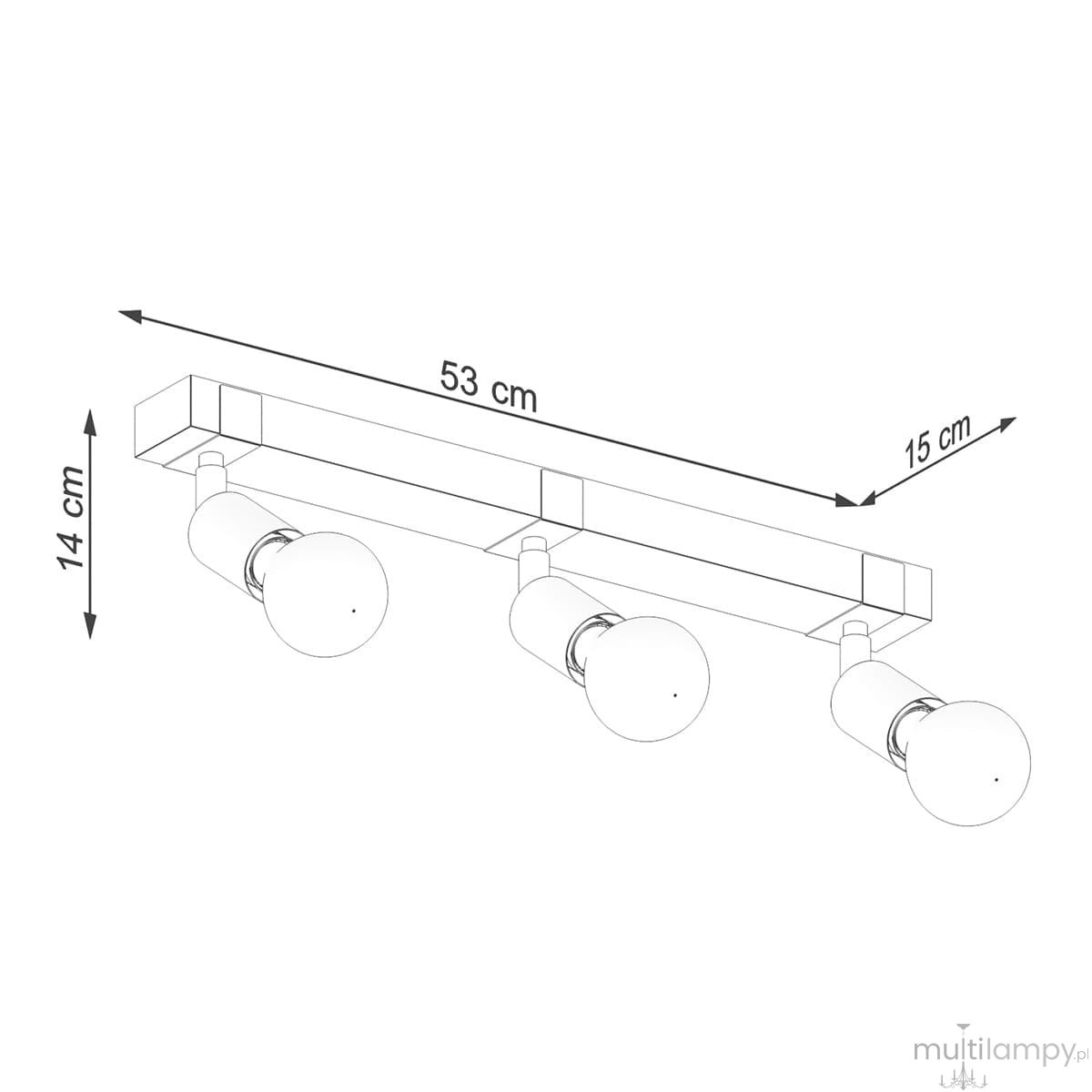 Lampa sufitowa Zuca w kolorze czarnym z jasnym drewnem, z trzema oprawami na żarówki E27. Prostokątna podstawa o wymiarach 53 cm x 15 cm x 14 cm, z okrągłymi kloszami. Ujęcie z góry, ukazujące wymiary i układ elementów.