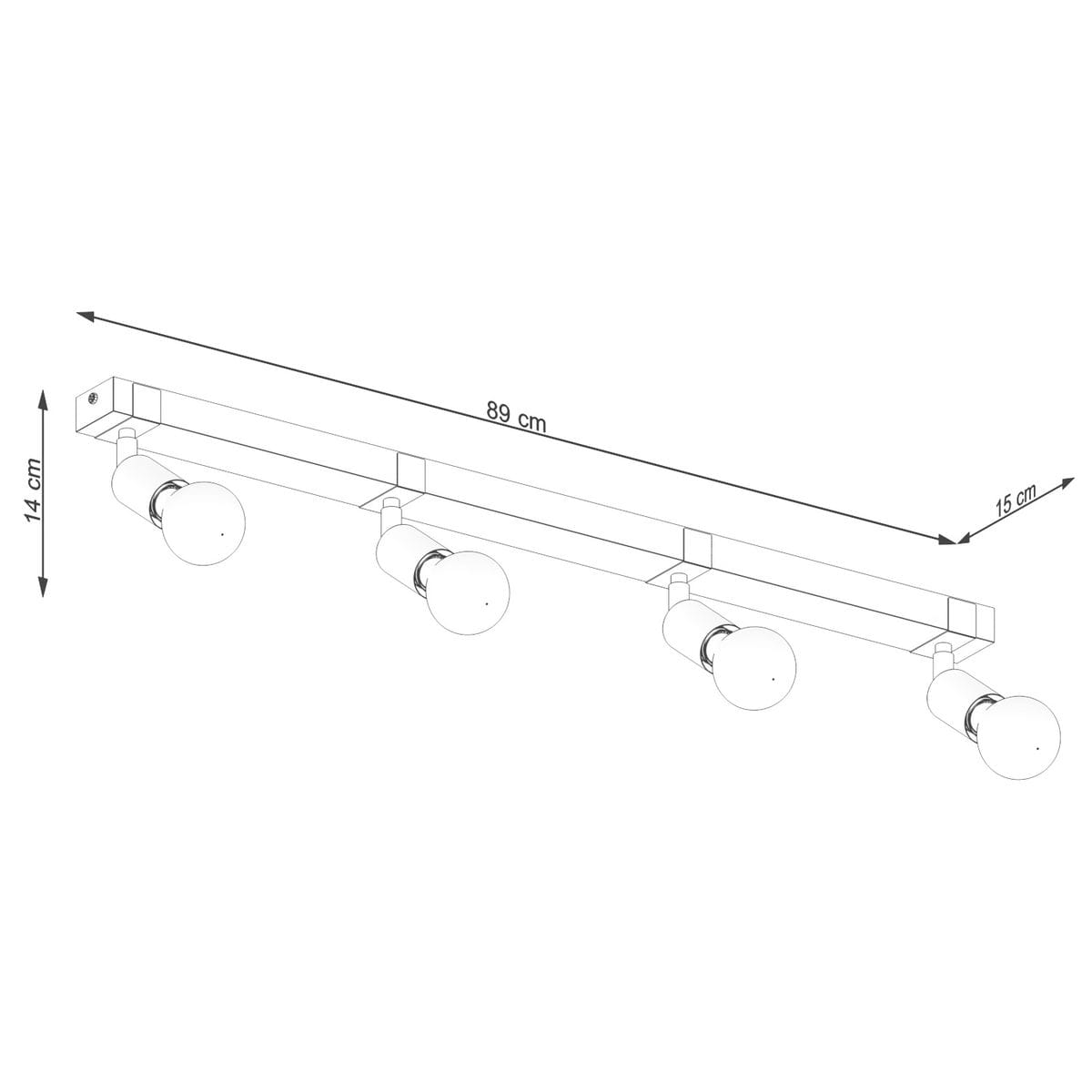 Lampa sufitowa Zuca w kolorze czarnym i jasnego drewna, z czterema oprawami na żarówki E27. Wymiary: 89 cm długości, 15 cm szerokości, 14 cm wysokości. Ujęcie z góry, pokazujące prostokątną konstrukcję i okrągłe klosze.