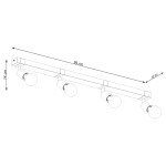 Lampa sufitowa Zuca w kolorze czarnym i jasnego drewna, z czterema oprawami na żarówki E27. Wymiary: 89 cm długości, 15 cm szerokości, 14 cm wysokości. Ujęcie z góry, pokazujące prostokątną konstrukcję i okrągłe klosze.