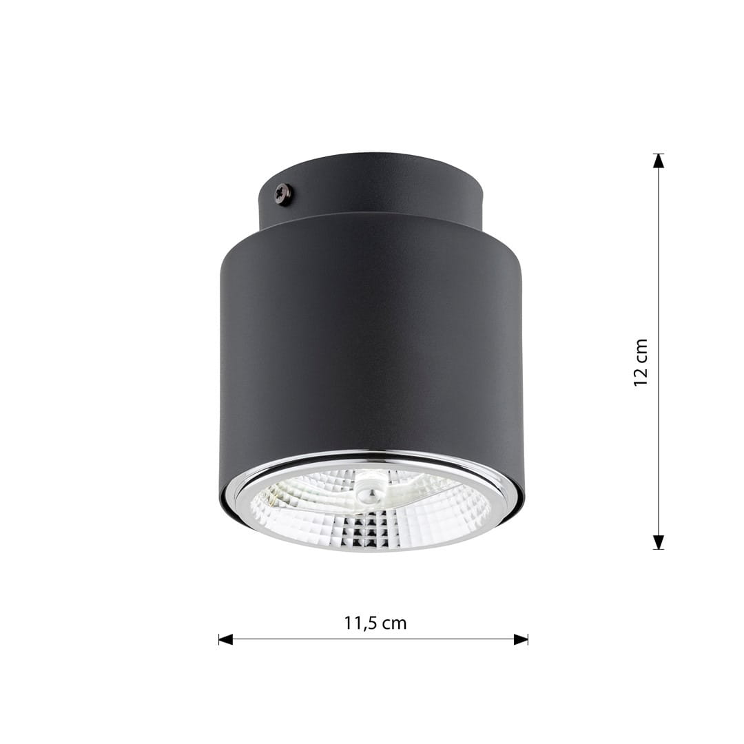 Czarna lampa sufitowa Nano 1xGU10/AR 111, o wymiarach 11,5 cm średnicy i 12 cm wysokości. Posiada okrągłą podstawę z metalowym wykończeniem oraz szklany klosz z teksturą, montowana na suficie. Idealna do nowoczesnych wnętrz.