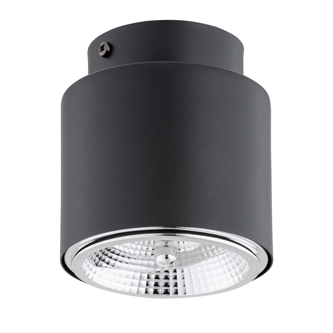 Czarna lampa sufitowa Nano z oprawą na jedną żarówkę GU10/AR 111. Okrągła, matowa obudowa z metalicznym wykończeniem na dolnej krawędzi. Zainstalowana w pozycji wiszącej, z widocznym detalem reflektora o diamentowym wzorze.