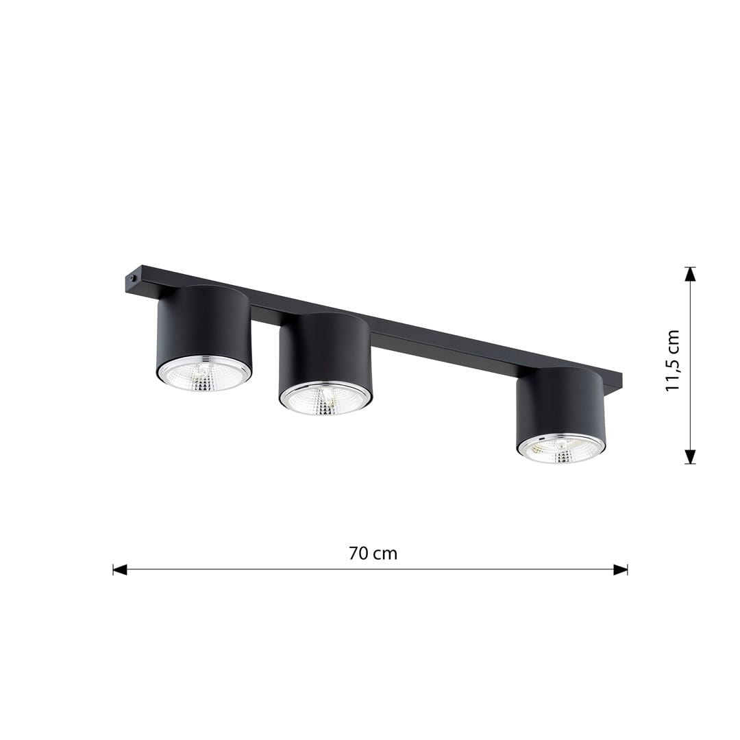 Czarna lampa sufitowa Nano z trzema oprawami na żarówki GU10/AR 111. Ułożona poziomo, z prostokątną belką o długości 70 cm i wysokości 11,5 cm. Gładka, matowa powierzchnia, cylindryczne klosze z przezroczystymi żarówkami.